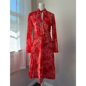 Vintage ‘70s Coral & White Floral Print Long Sleeve Pleated Knee Length Dress